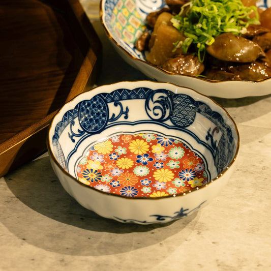 美濃燒藍染小紋和菊瓷碗│Minoyaki Chrysanthemum Porcelain Bowl