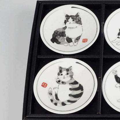 墨繪貓兒美濃燒小碟套裝│Sumi-e Cat Minoyaki Petite Plate Set