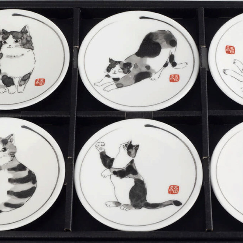 墨繪貓兒美濃燒小碟套裝│Sumi-e Cat Minoyaki Petite Plate Set