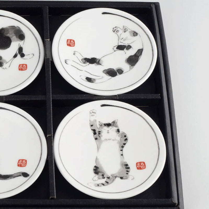 墨繪貓兒美濃燒小碟套裝│Sumi-e Cat Minoyaki Petite Plate Set