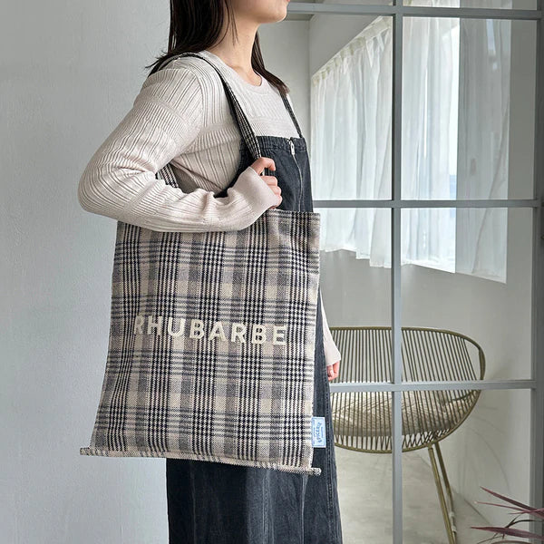 法式雜貨格紋購物袋 - 黑色*French Epicerie Checkered Tote - Black